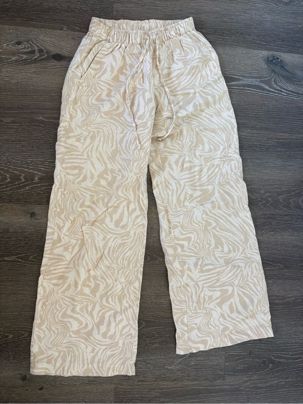 Suede Beige & Cream Printed Wide Leg Pants - Linen